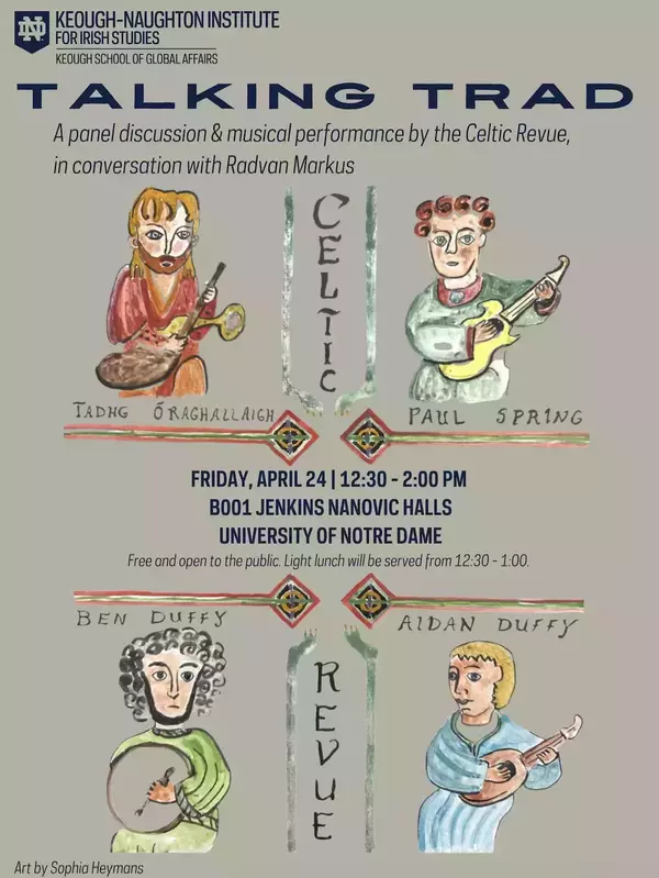 A poster for Talking Trad Event. Four illustrated musicians playing instruments.