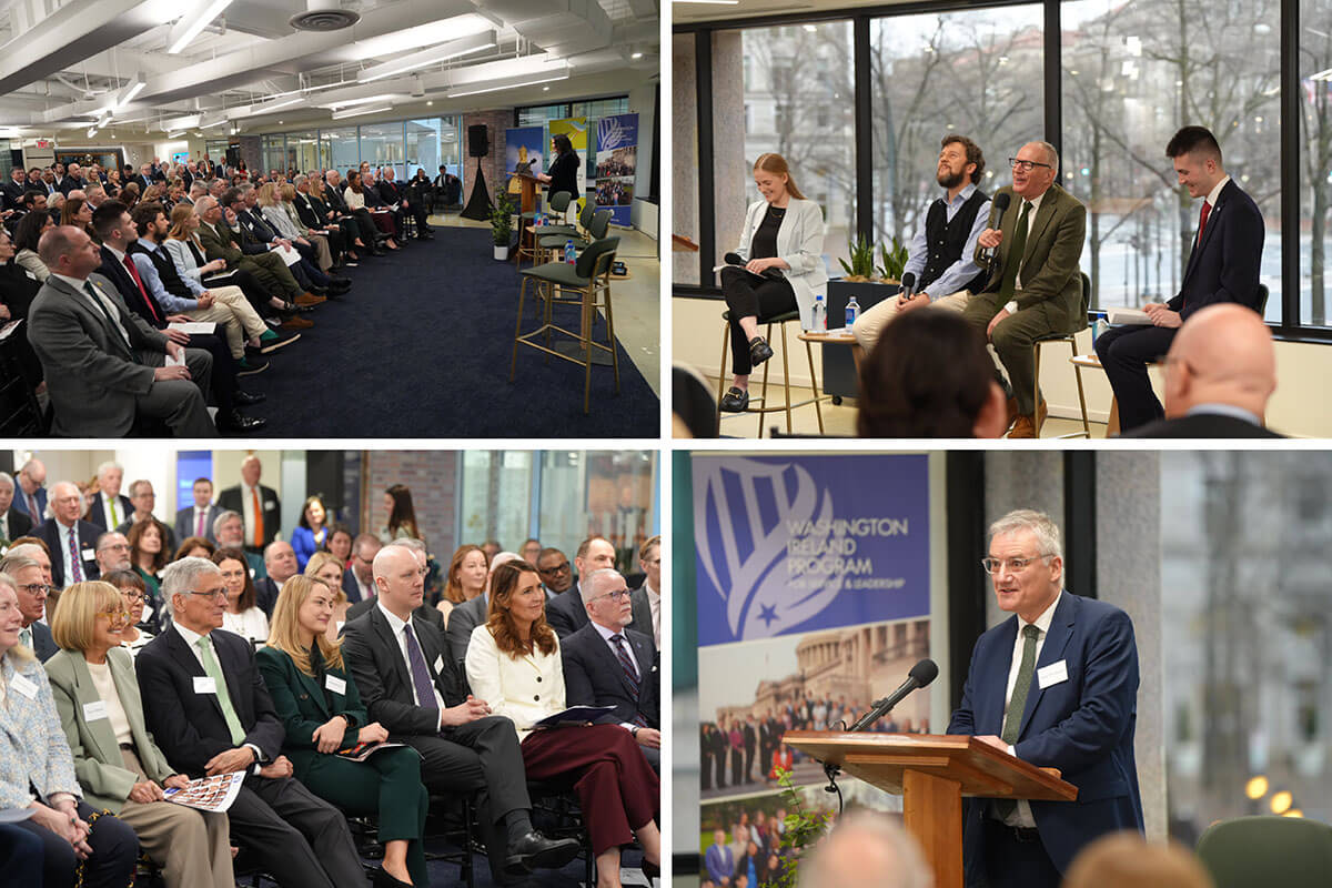 A diverse audience watches speakers at a Washington Ireland Program event, including a panel and a man at a podium.