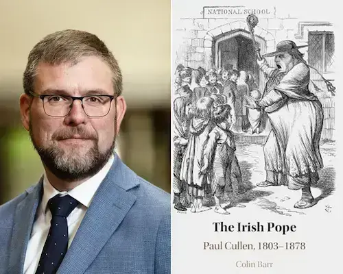Man in blue suit, glasses, and beard. Beside him, B&W illustration from 'The Irish Pope' of a woman yelling at kids outside a school.