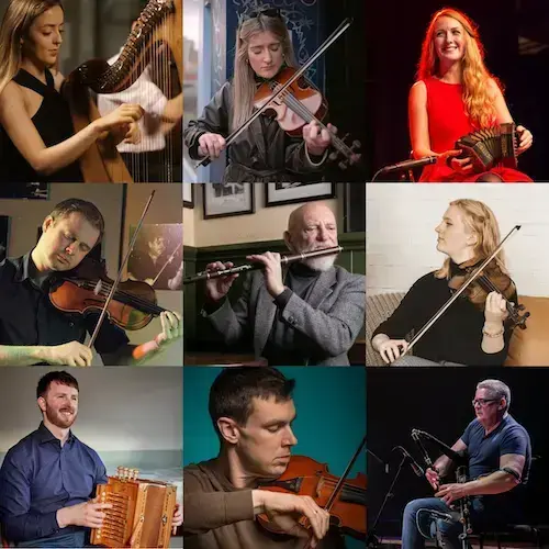 Collage of musicians playing Irish folk instruments including a harp, violins, flute, accordion, and bagpipes.